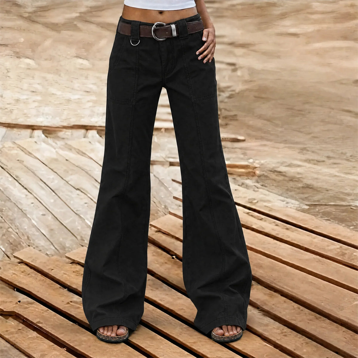 Women's wide-leg cargo trousers with utility pockets and belt loops