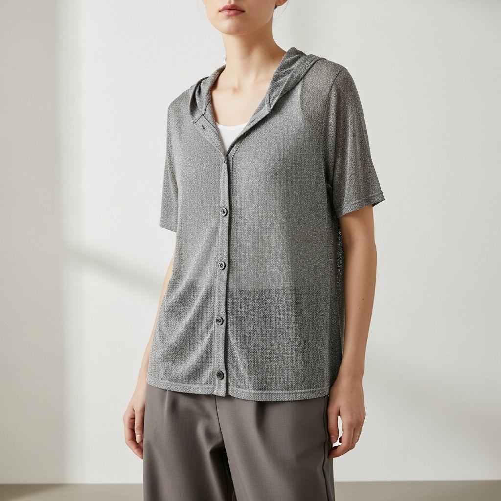 Women's short-sleeve hooded knit cardigan with button front
