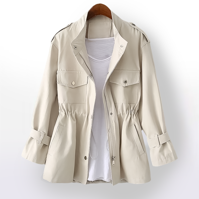 Women's rain coat with stand collar, long sleeves, gathered waist and flap pockets