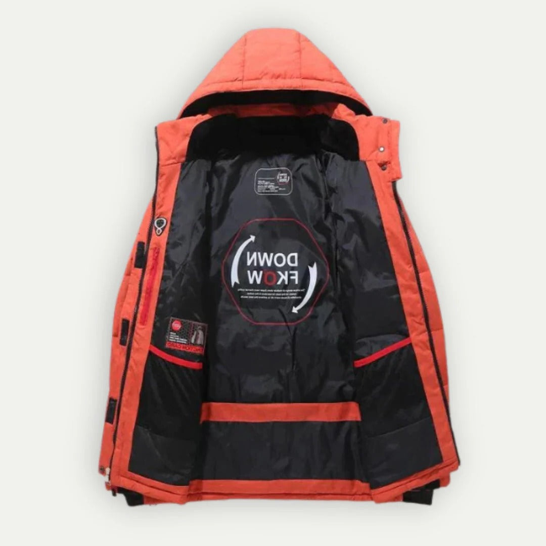 Men's hooded quilted puffer jacket with zip pockets and adjustable cuffs