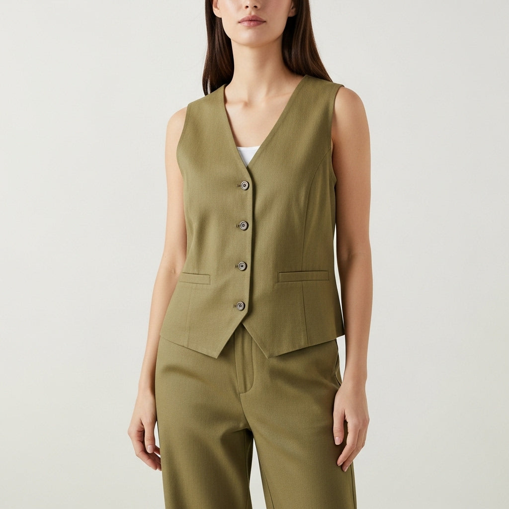 Women's sleeveless V-neck button waistcoat with tailored fit and front welt pockets