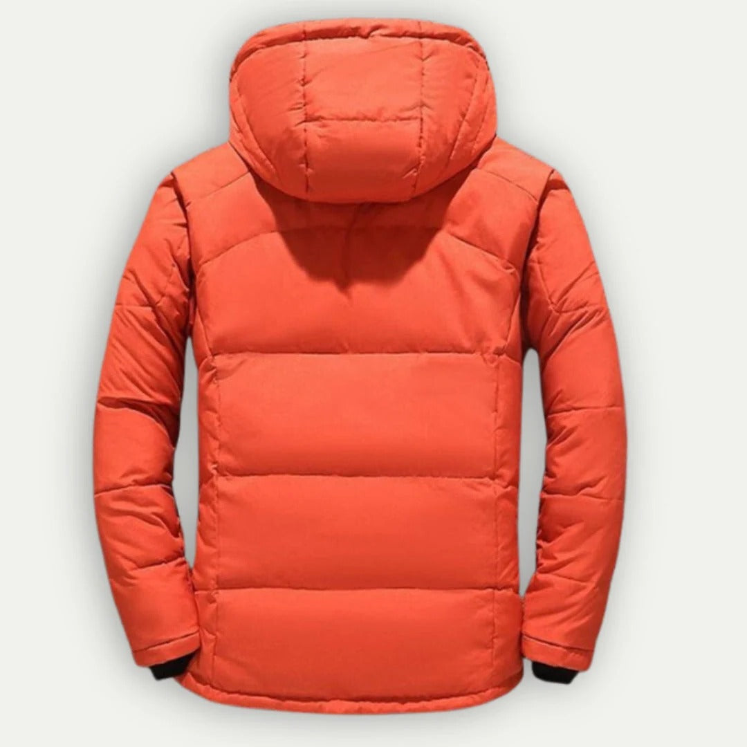 Men's hooded quilted puffer jacket with zip pockets and adjustable cuffs