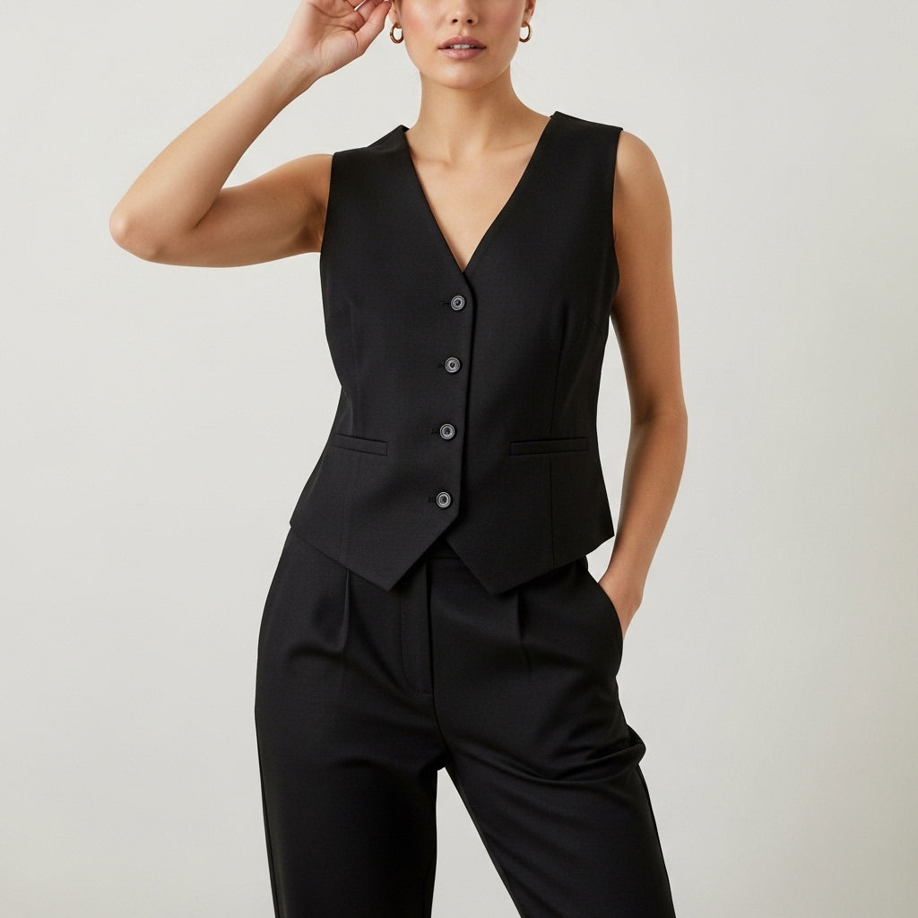 Women's sleeveless V-neck button waistcoat with tailored fit and front welt pockets
