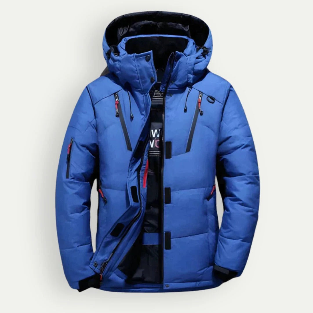 Men's hooded quilted puffer jacket with zip pockets and adjustable cuffs