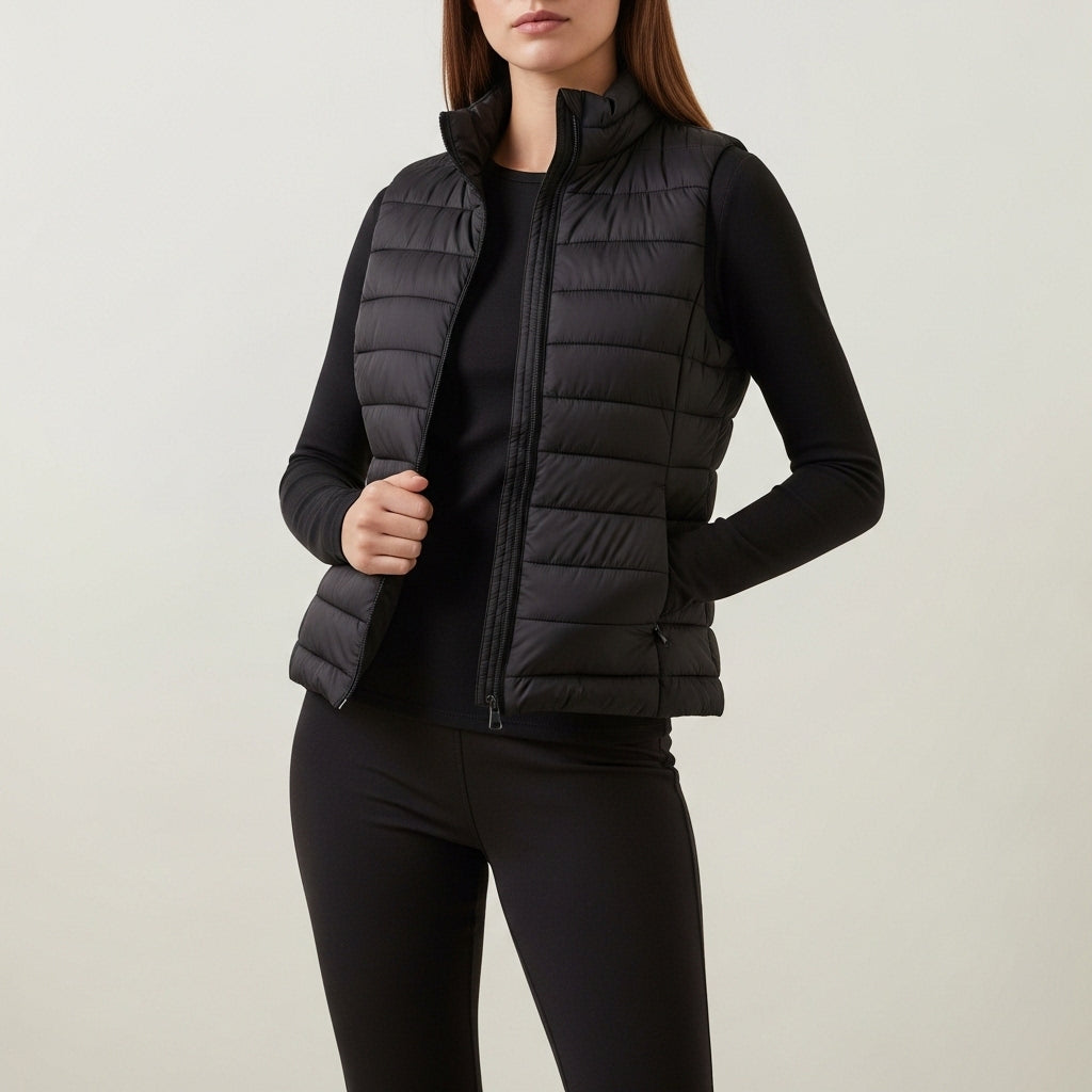 Women's quilted padded gilet with raised collar, zip front and pockets