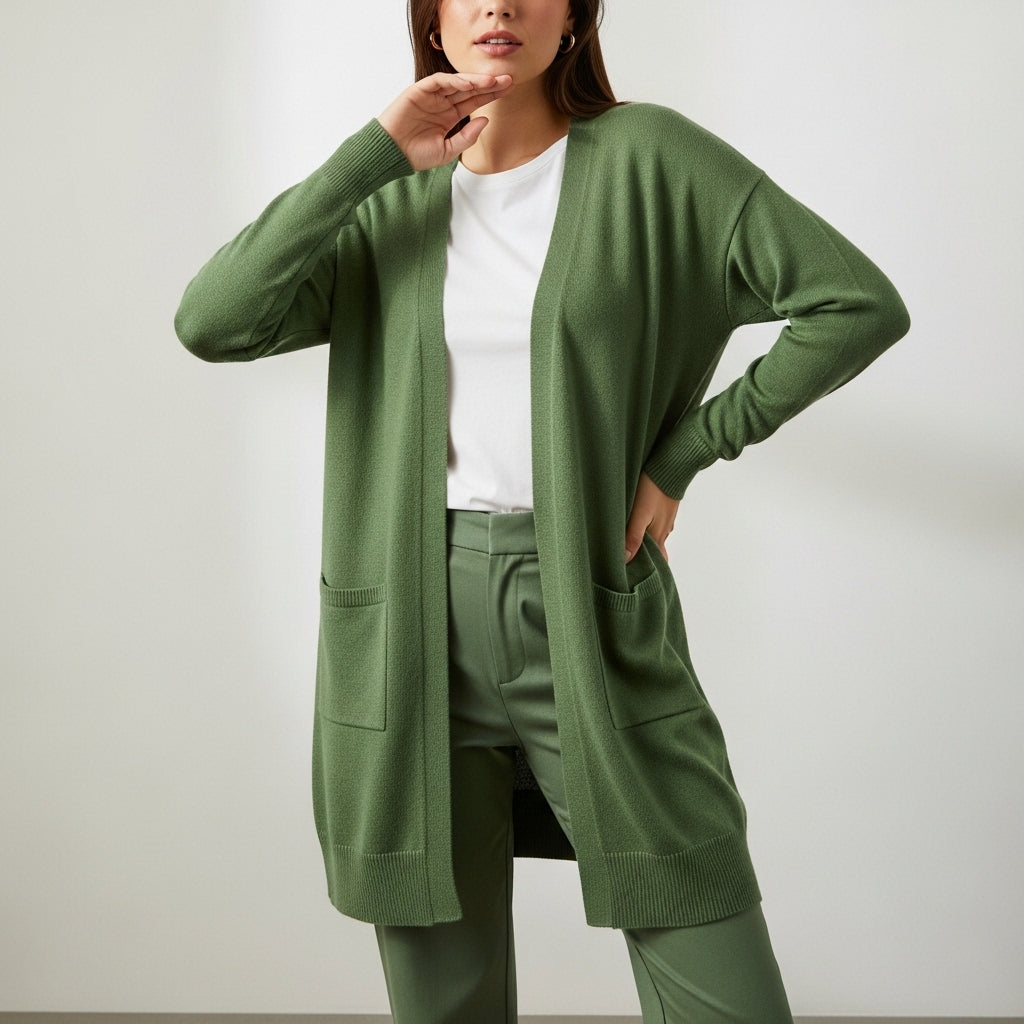 Women's long open-front cardigan with long sleeves, ribbed trims and front patch pockets