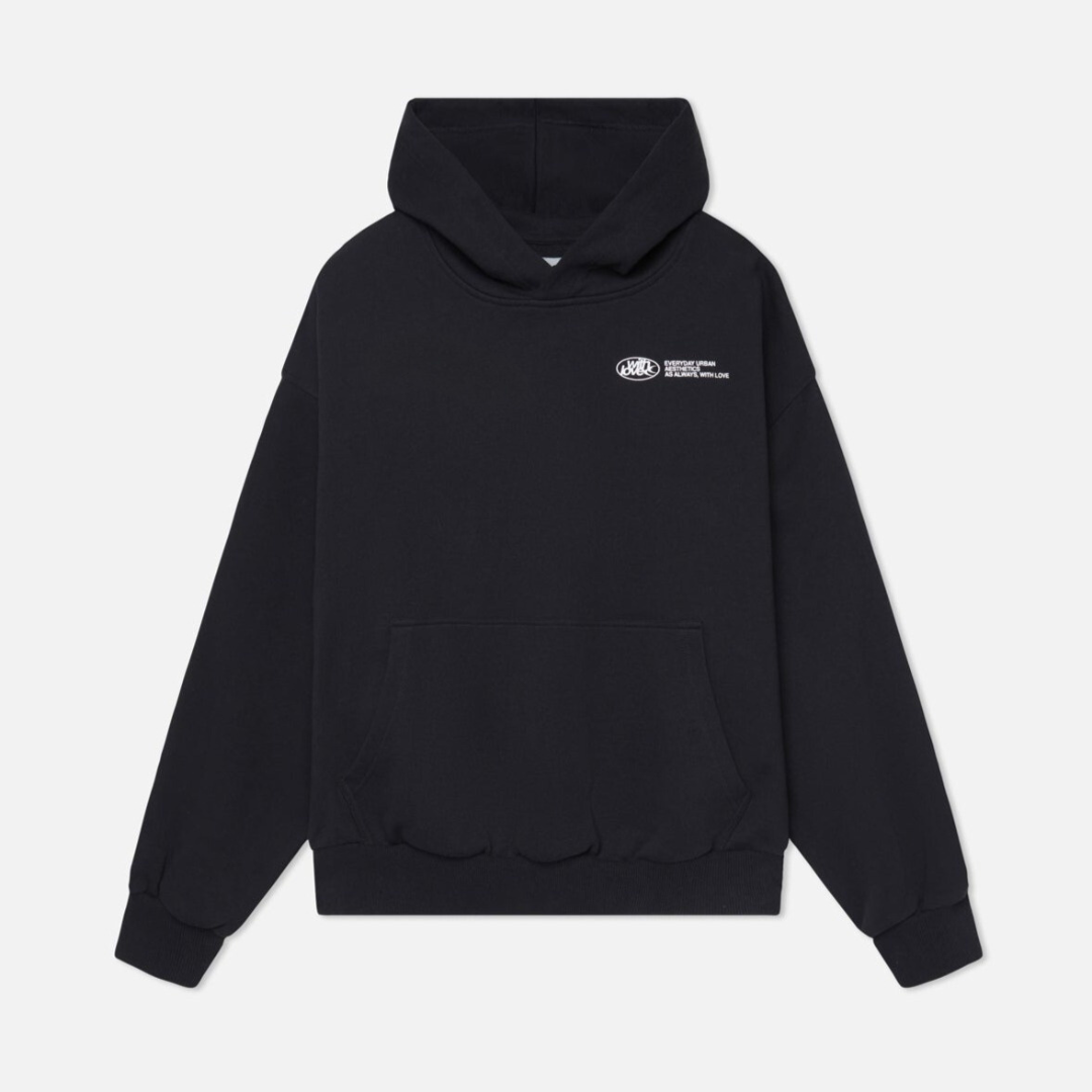 Unisex oversized hoodie with hood, long sleeves and large back text graphic