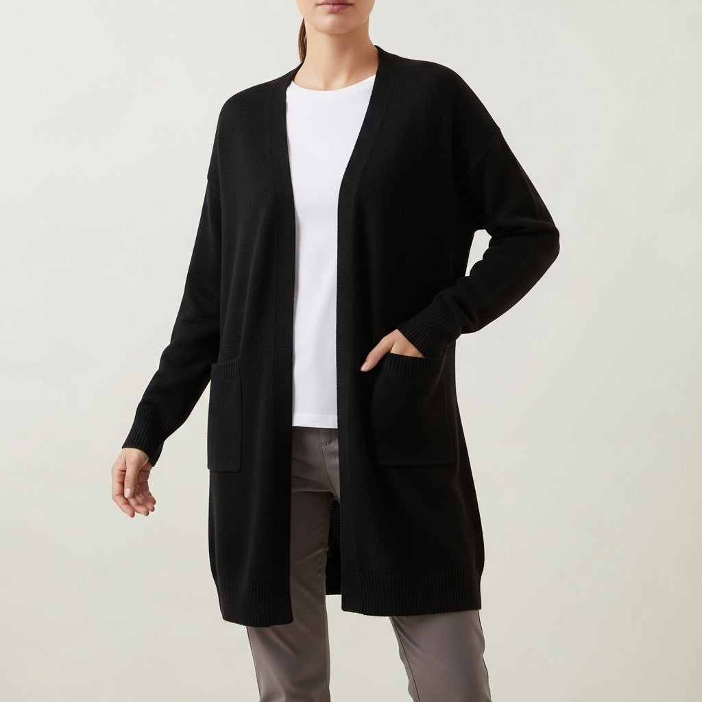 Women's long open-front cardigan with long sleeves, ribbed trims and front patch pockets