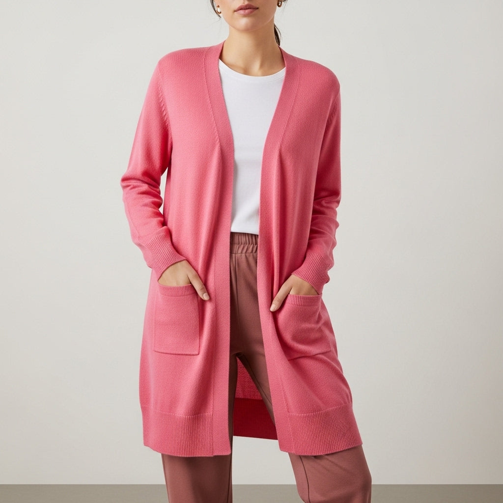 Women's long open-front cardigan with long sleeves, ribbed trims and front patch pockets