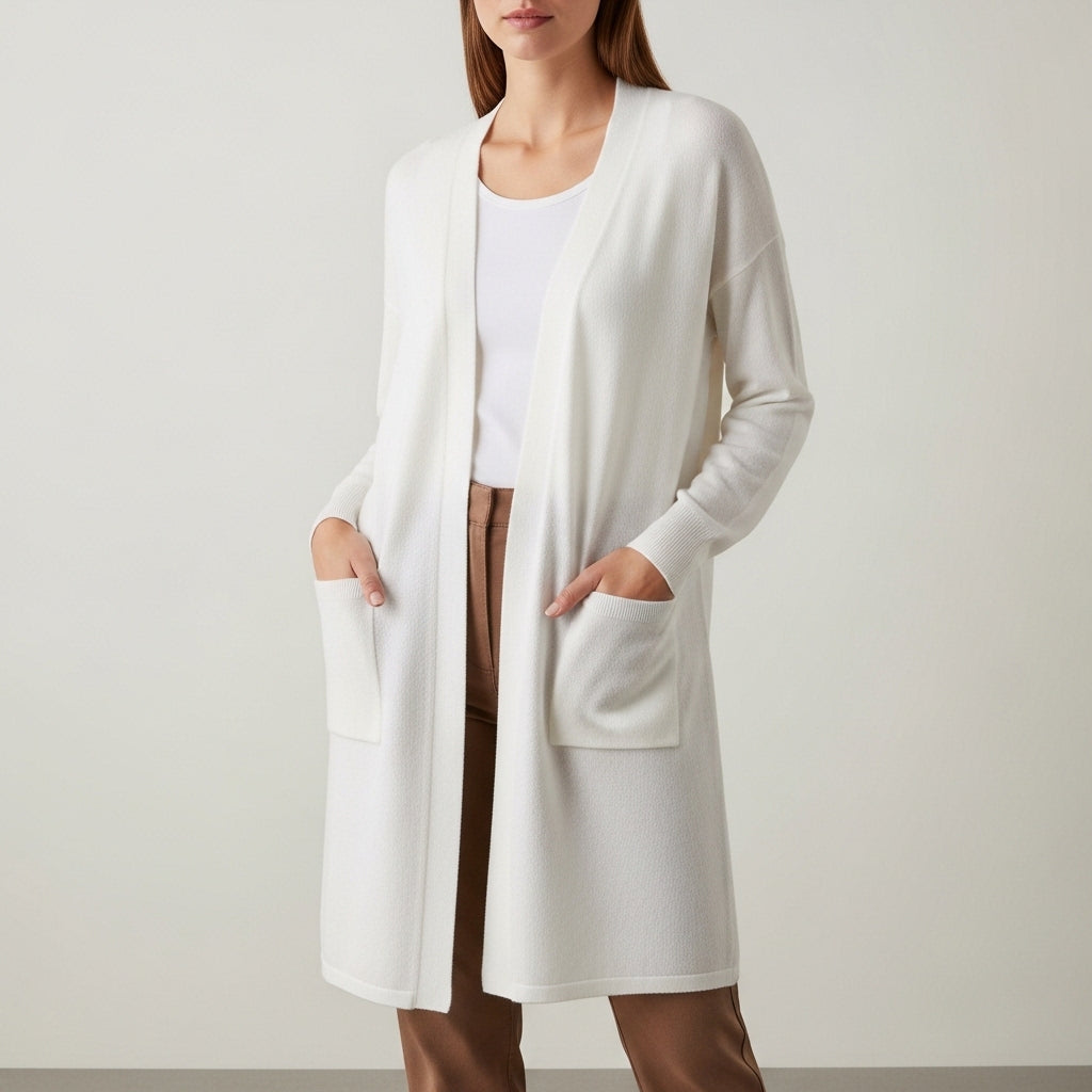 Women's long open-front cardigan with long sleeves, ribbed trims and front patch pockets