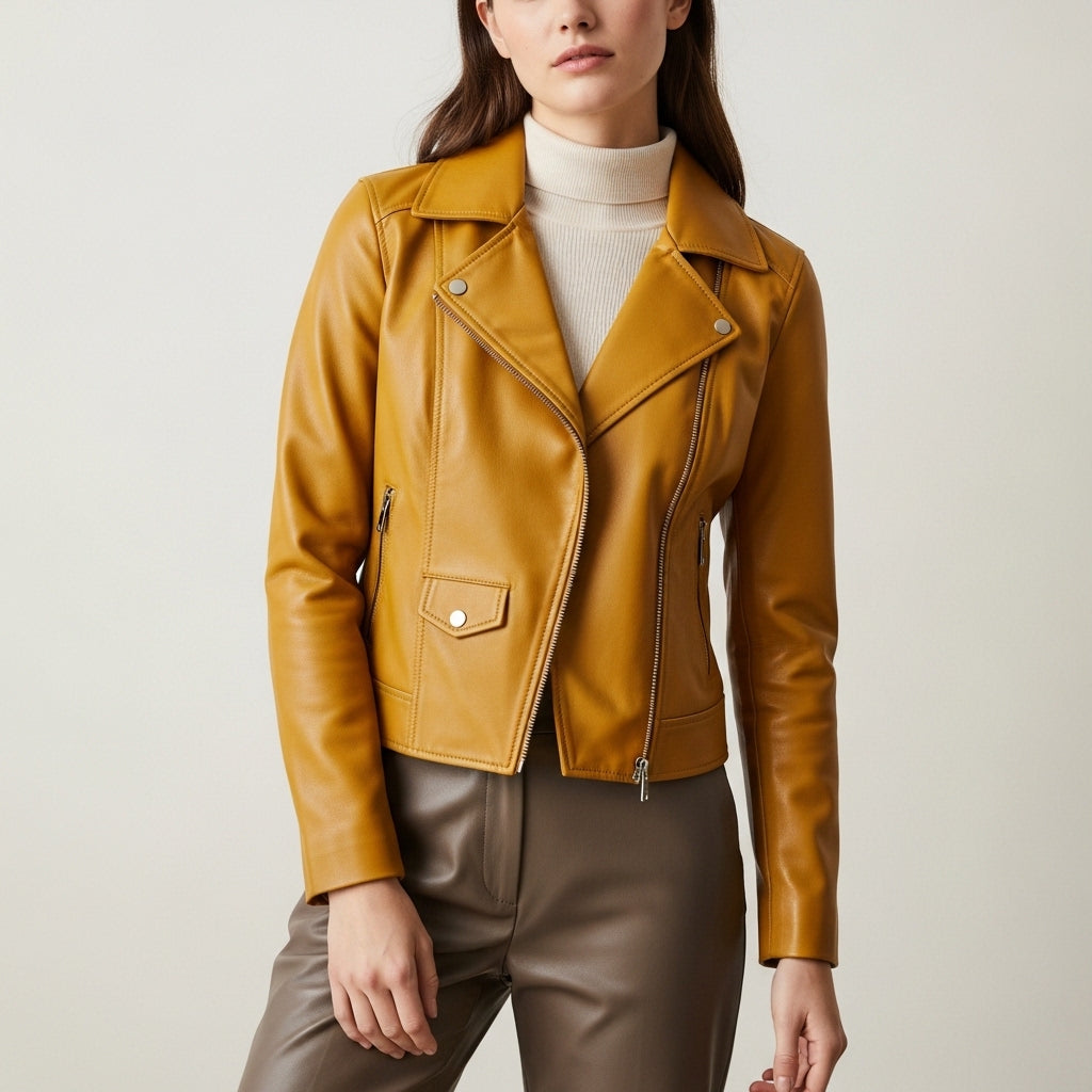 Women's fitted biker jacket with pointed collar, asymmetric zip and long sleeves