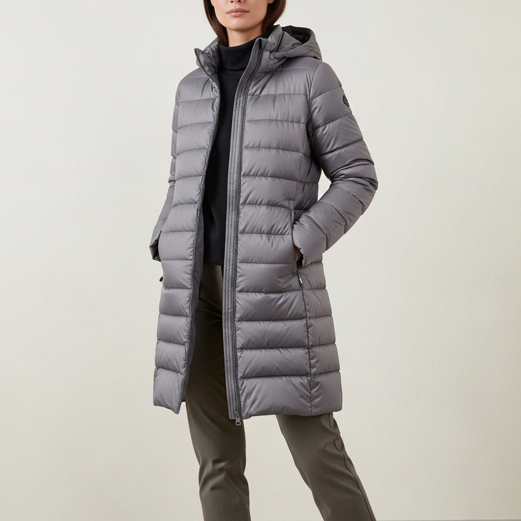 Women's quilted puffer jacket with high collar, long sleeves and zipped pockets