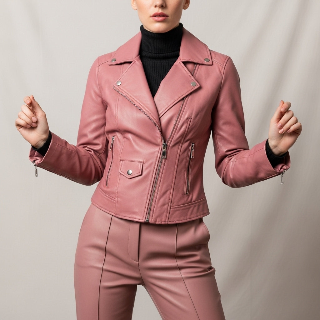 Women's fitted biker jacket with pointed collar, asymmetric zip and long sleeves