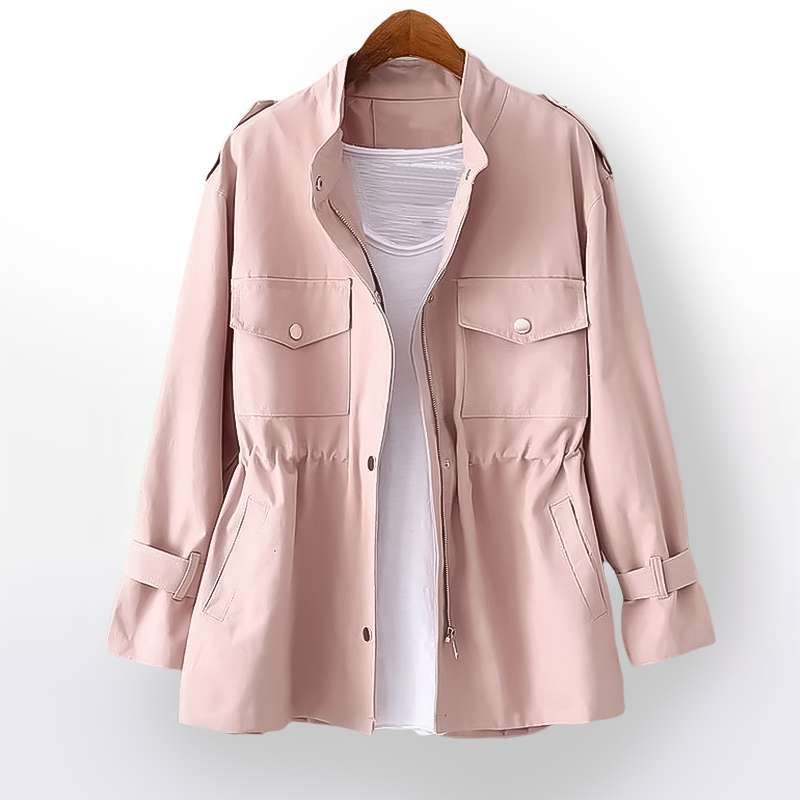 Women's rain coat with stand collar, long sleeves, gathered waist and flap pockets