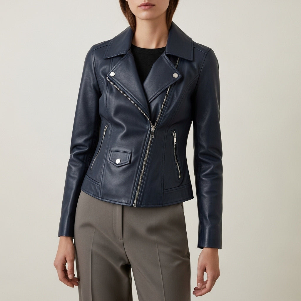 Women's fitted biker jacket with pointed collar, asymmetric zip and long sleeves