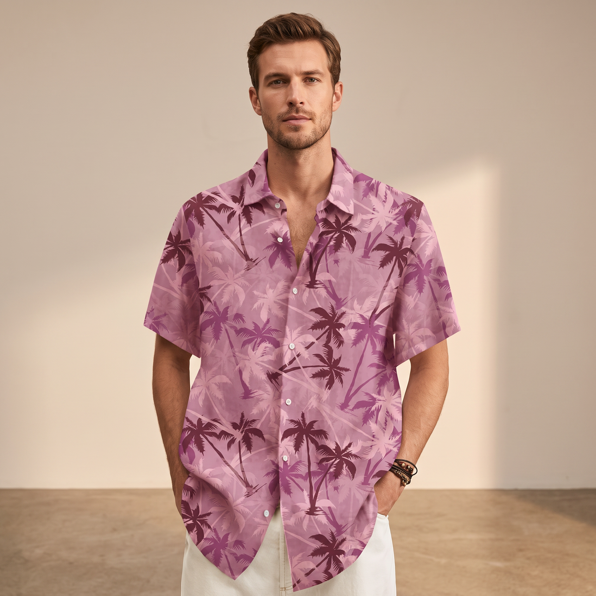 Men's short sleeve tropical palm print shirt with camp collar and button front