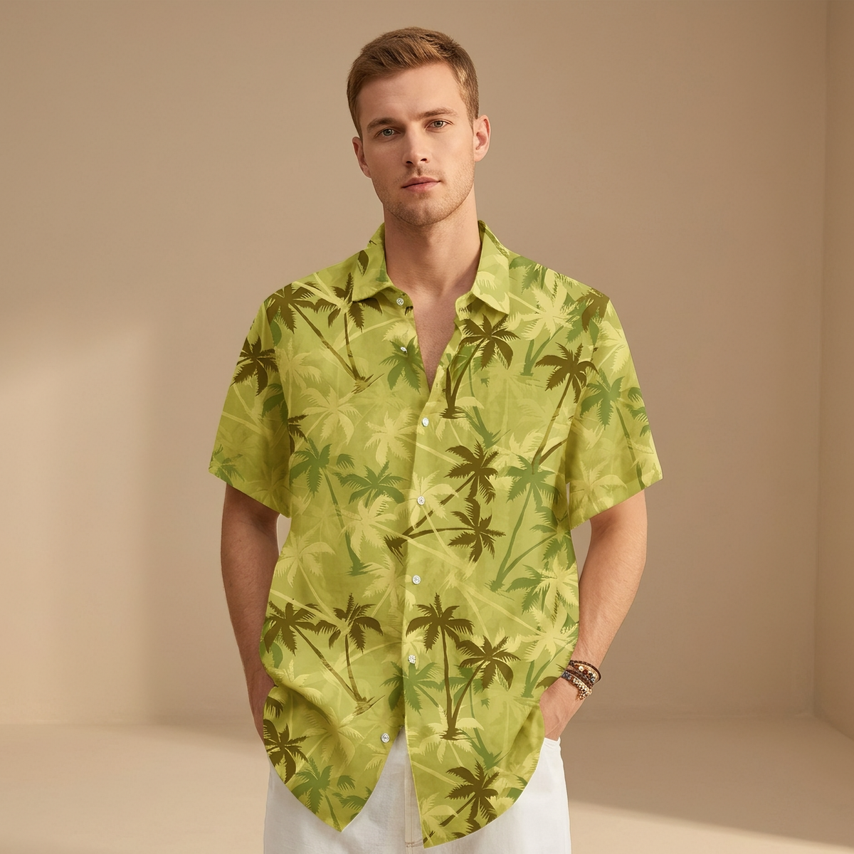 Men's short sleeve tropical palm print shirt with camp collar and button front