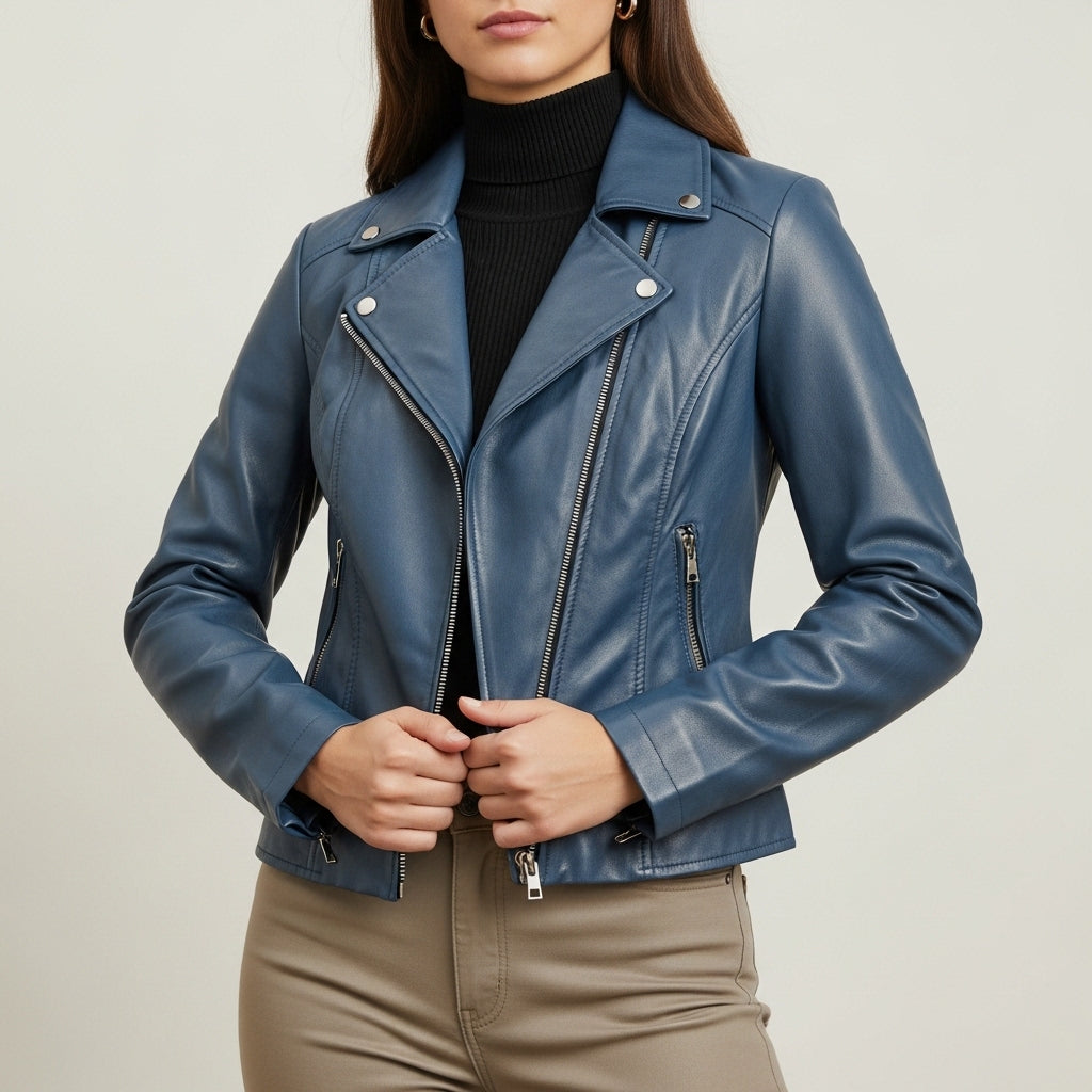 Women's fitted biker jacket with pointed collar, asymmetric zip and long sleeves