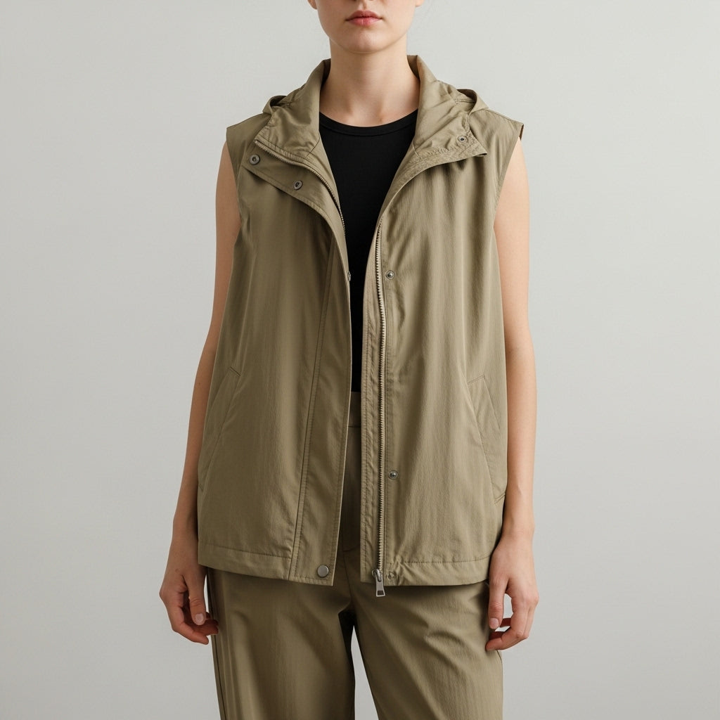 Women's hooded sleeveless utility vest with zip fastening, front pockets and drawcord hem