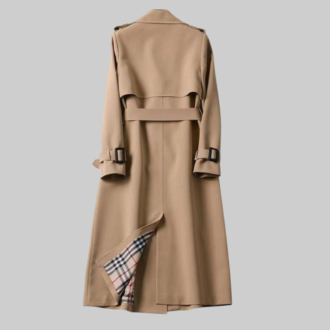 Women's double-breasted belted trench coat with buckle cuffs and checked lining