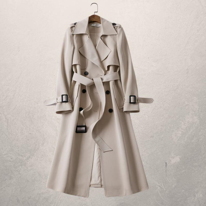 Women's double-breasted belted trench coat with buckle cuffs and checked lining