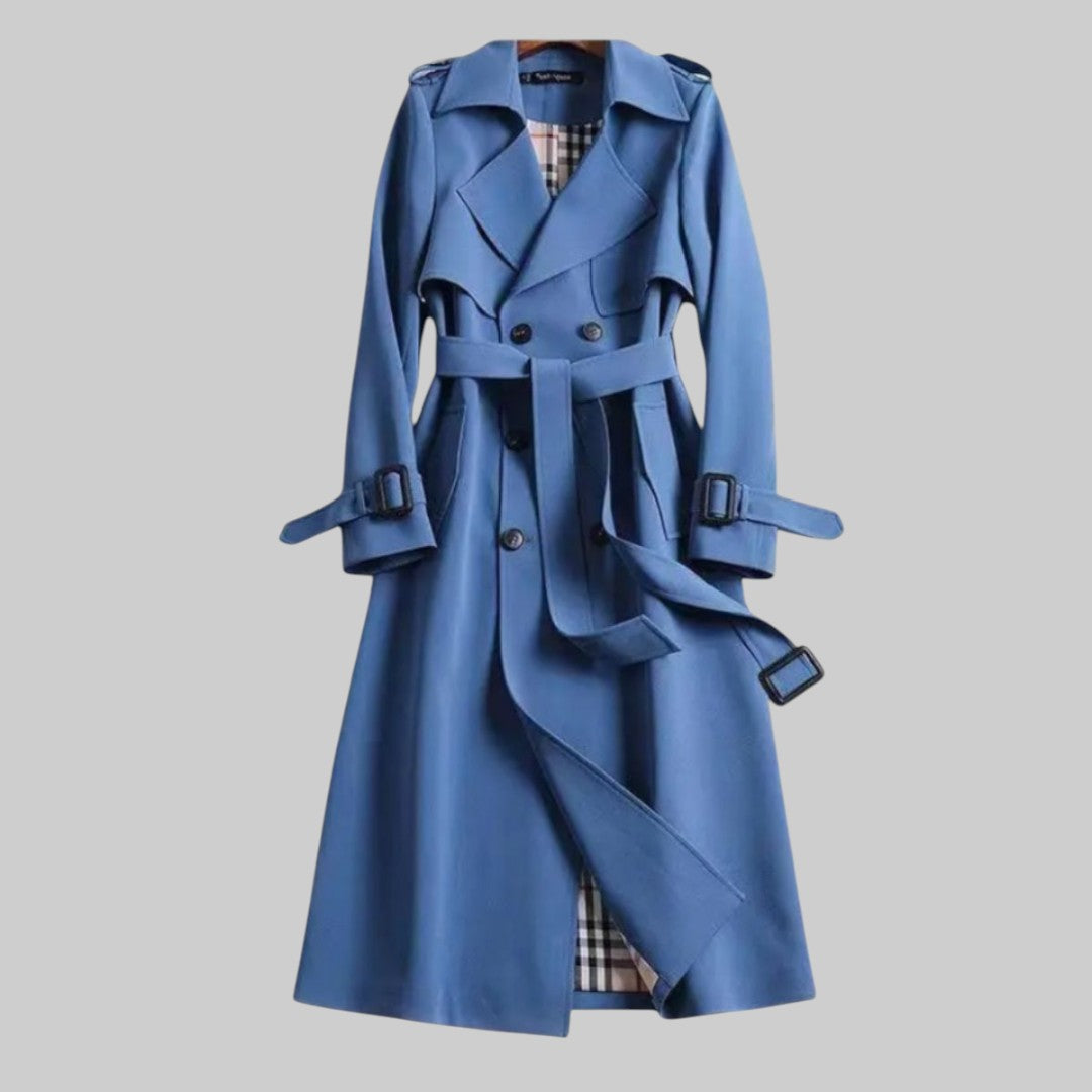 Women's double-breasted belted trench coat with buckle cuffs and checked lining