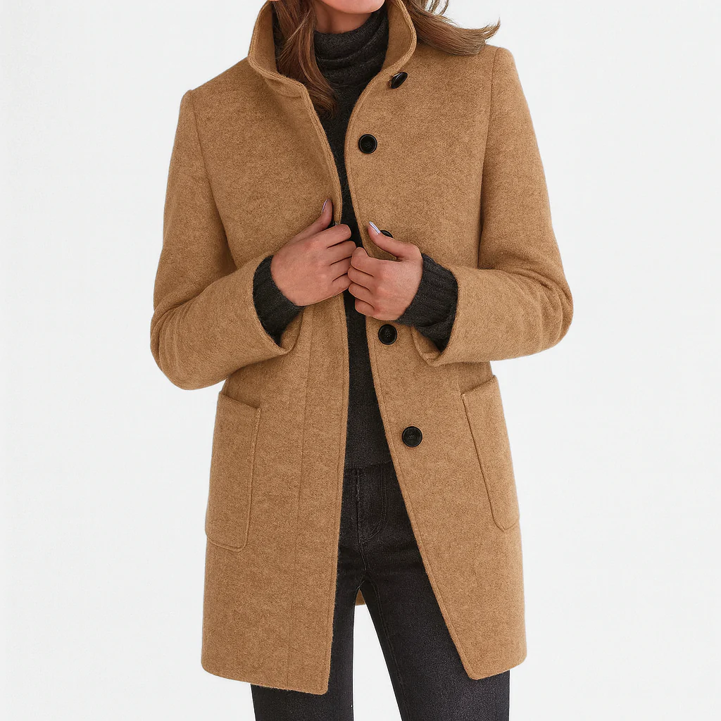 Women's structured button front coat with stand collar and patch pockets