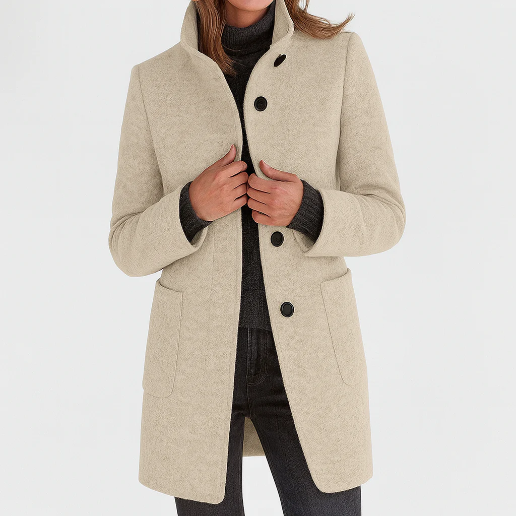 Women's structured button front coat with stand collar and patch pockets