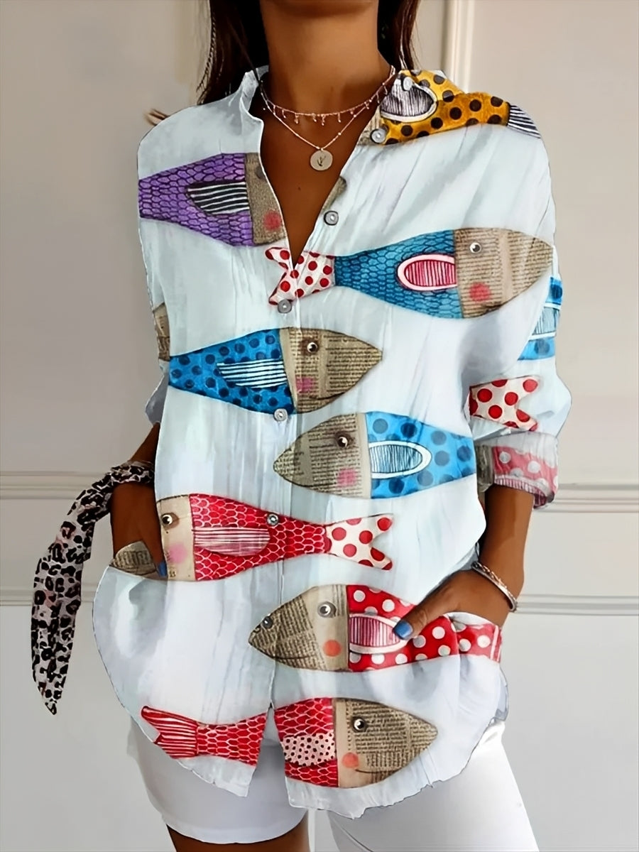 Women's long-sleeved printed button front shirt with collared neckline