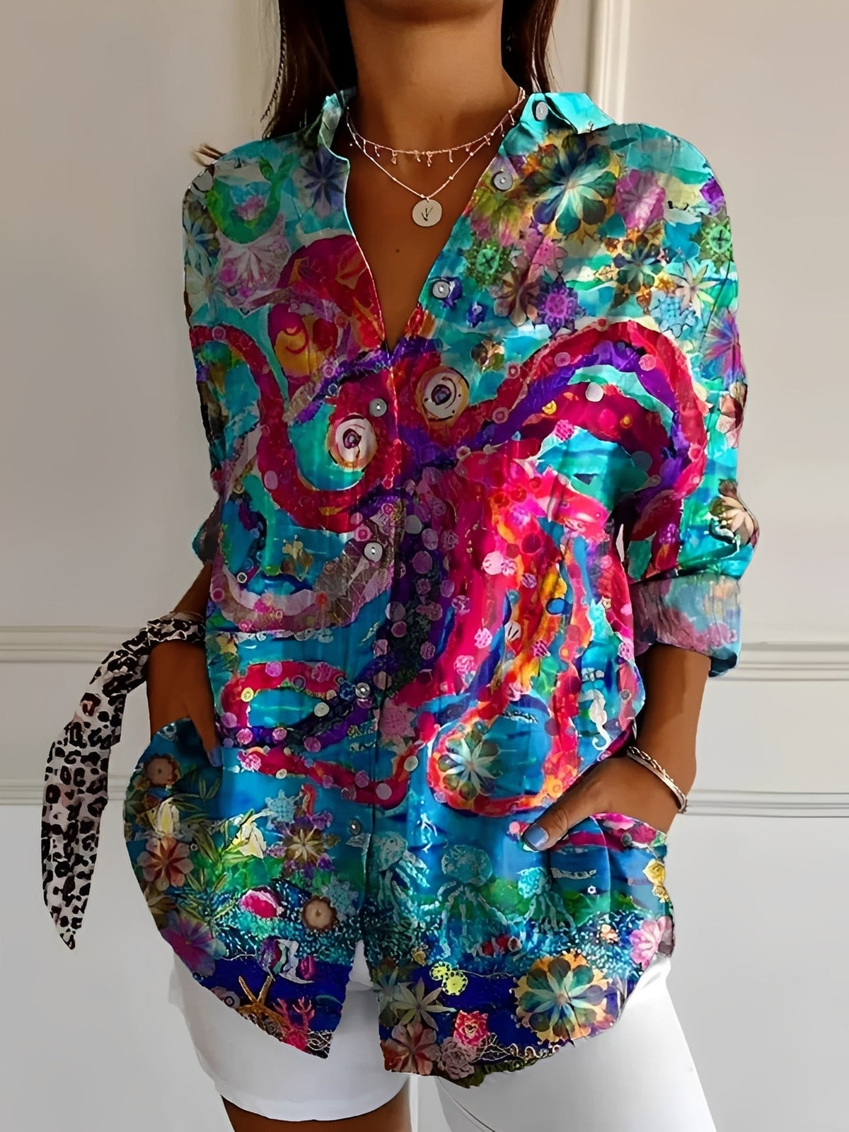 Women's long-sleeved printed button front shirt with collared neckline