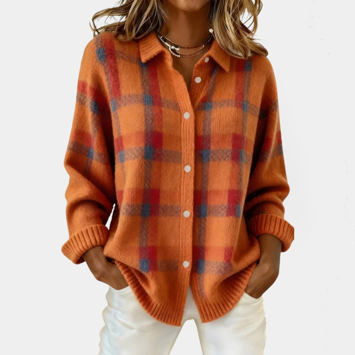 Women's checked button front cardigan with collar and long sleeves