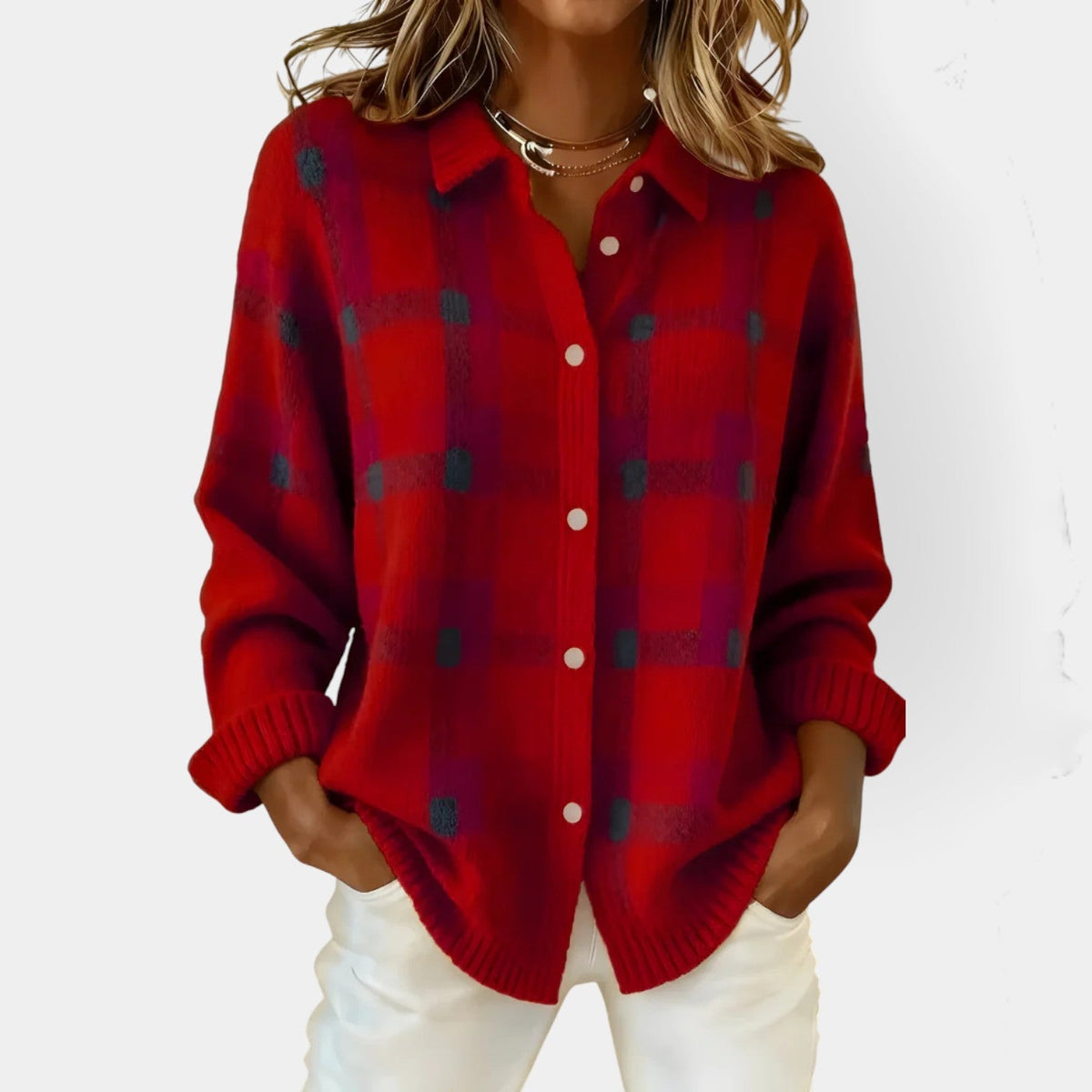 Women's checked button front cardigan with collar and long sleeves