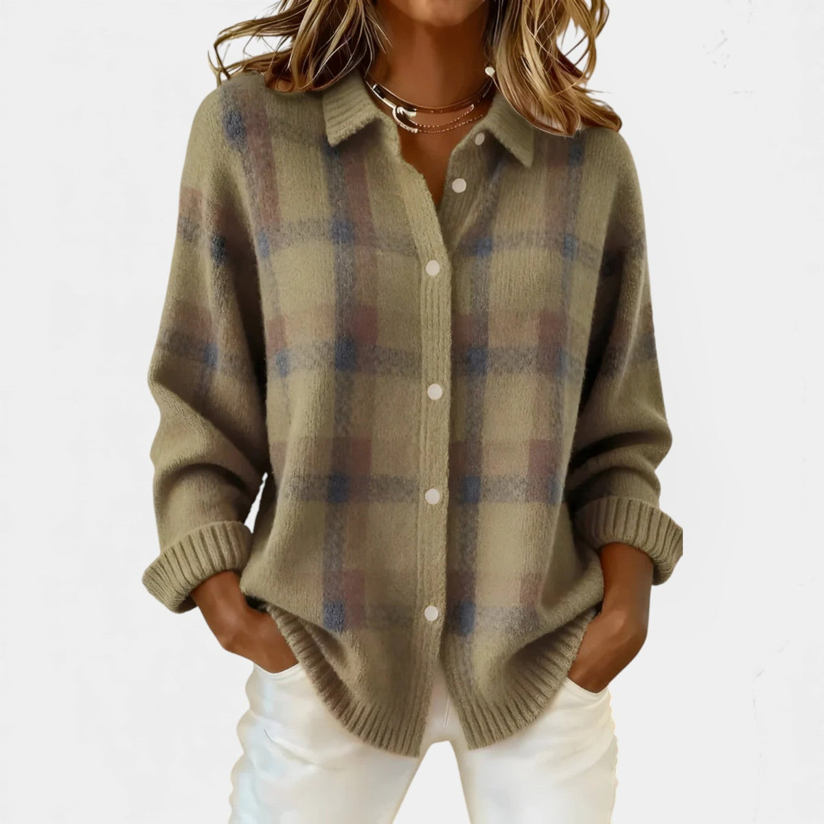 Women's checked button front cardigan with collar and long sleeves