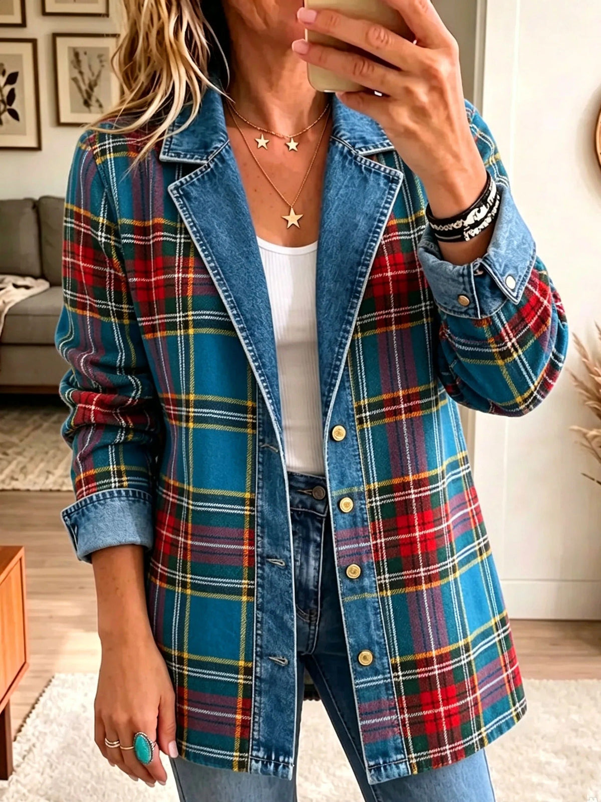 Women's blue tartan plaid blazer with denim lapels and long sleeves