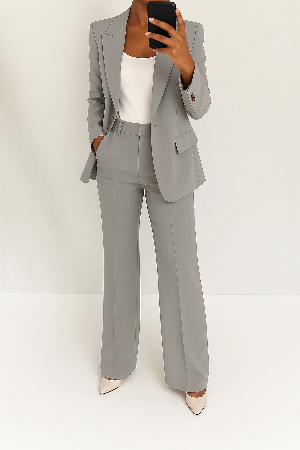 Women's two-piece suit with notched blazer and wide-leg trousers