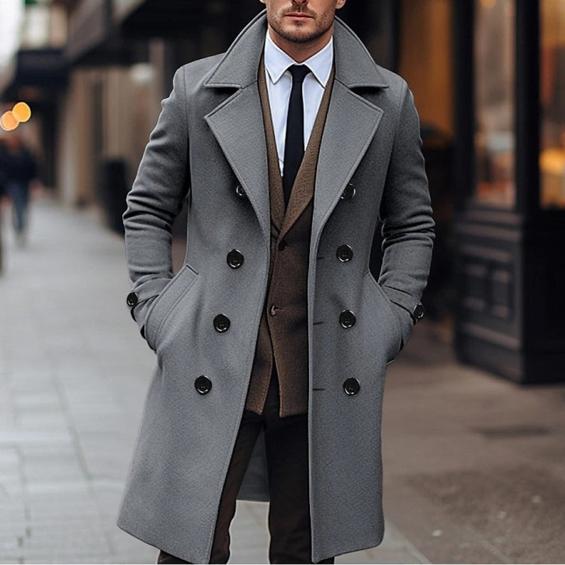 Men's Trench Coat Wool Double-Breasted Longline - Grey