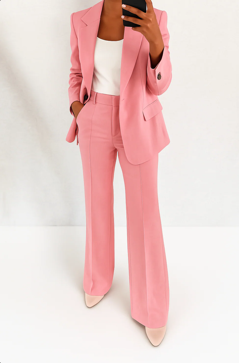 Women's two-piece suit with notched blazer and wide-leg trousers