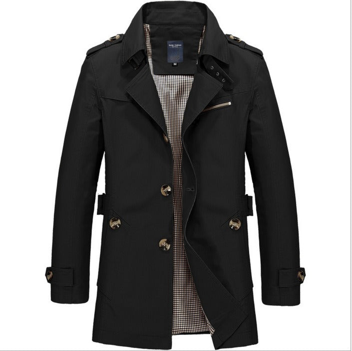 Men's Trench Coat Single-Breasted Epaulette Detail - Black