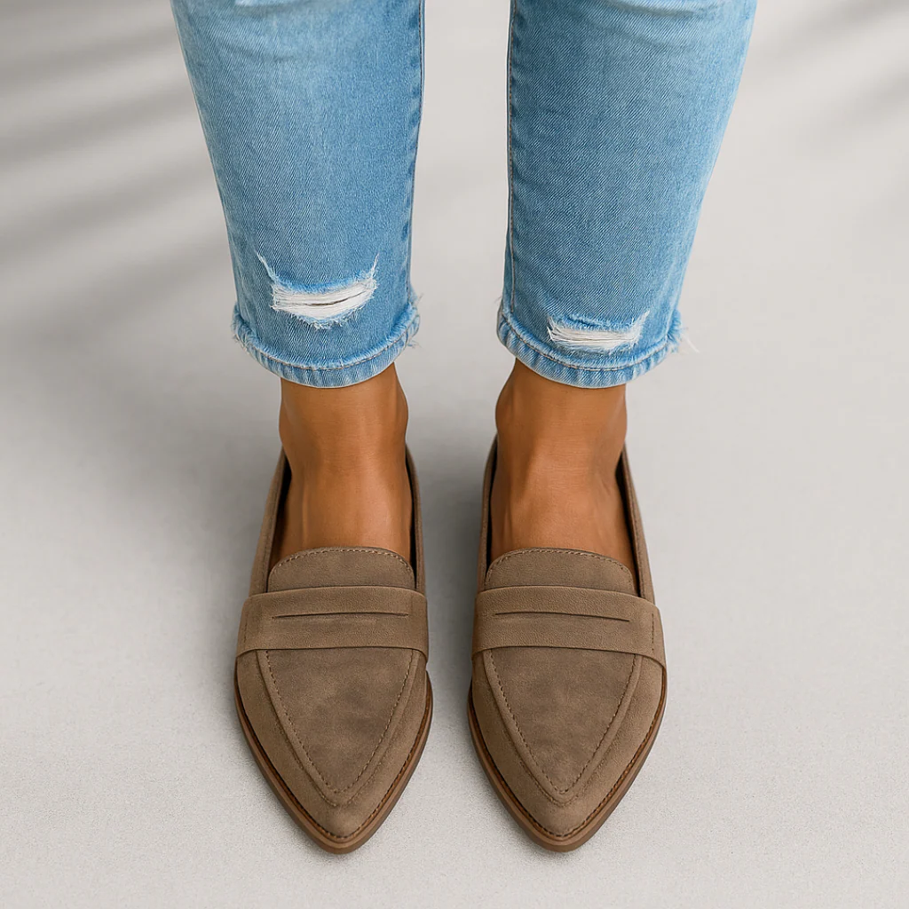 Women's pointed loafers with wide front straps and low heels