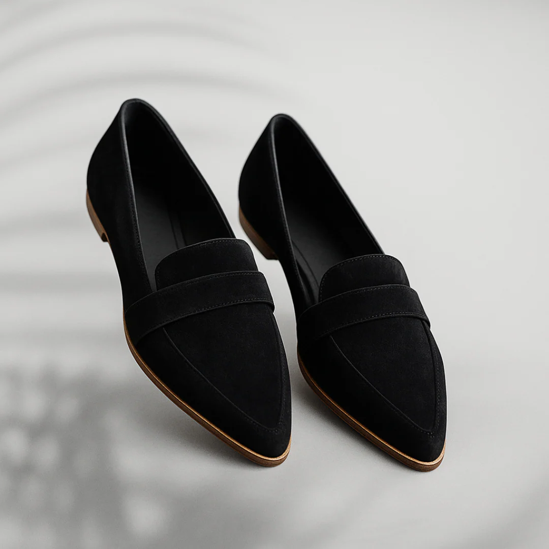 Women's pointed loafers with wide front straps and low heels