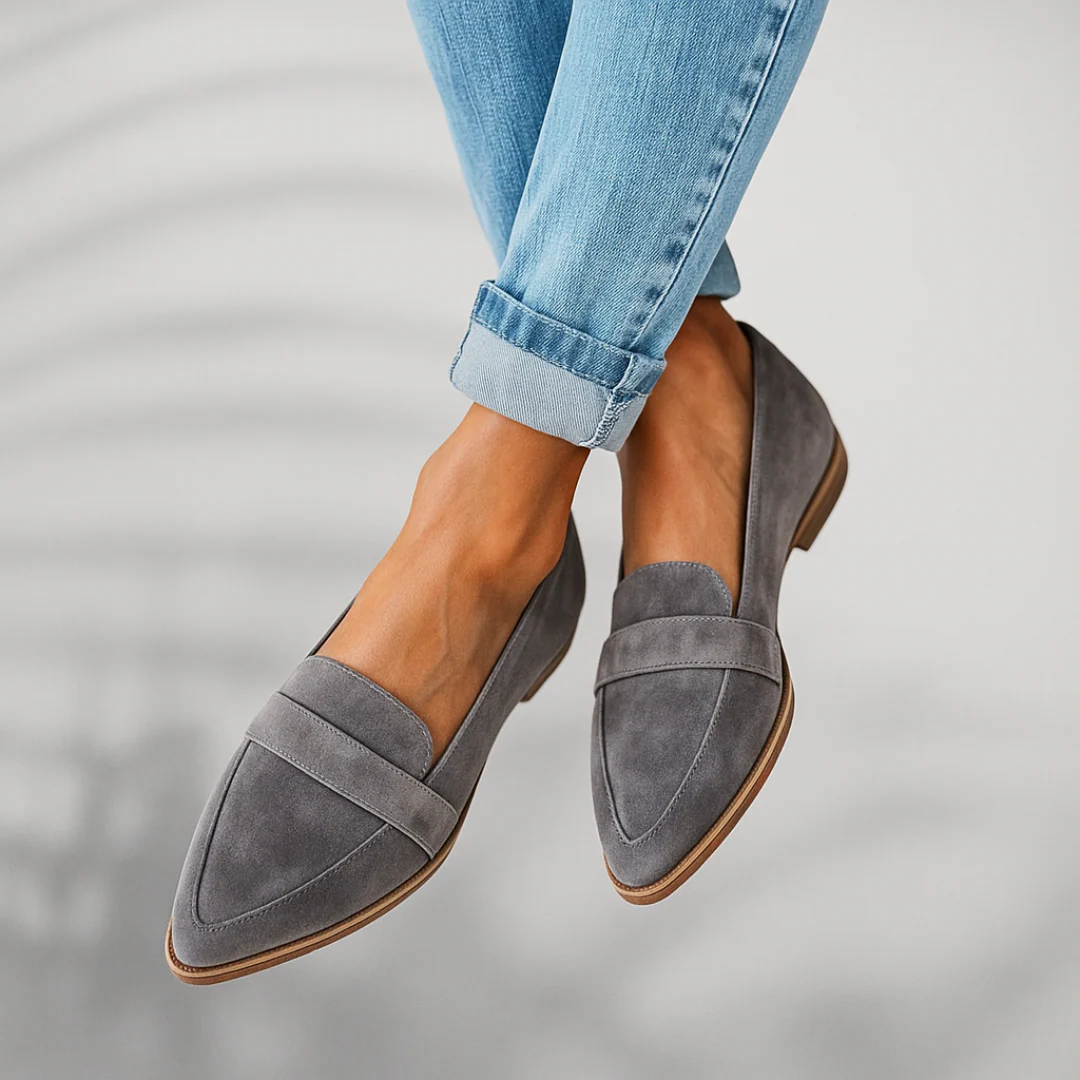 Women's pointed loafers with wide front straps and low heels
