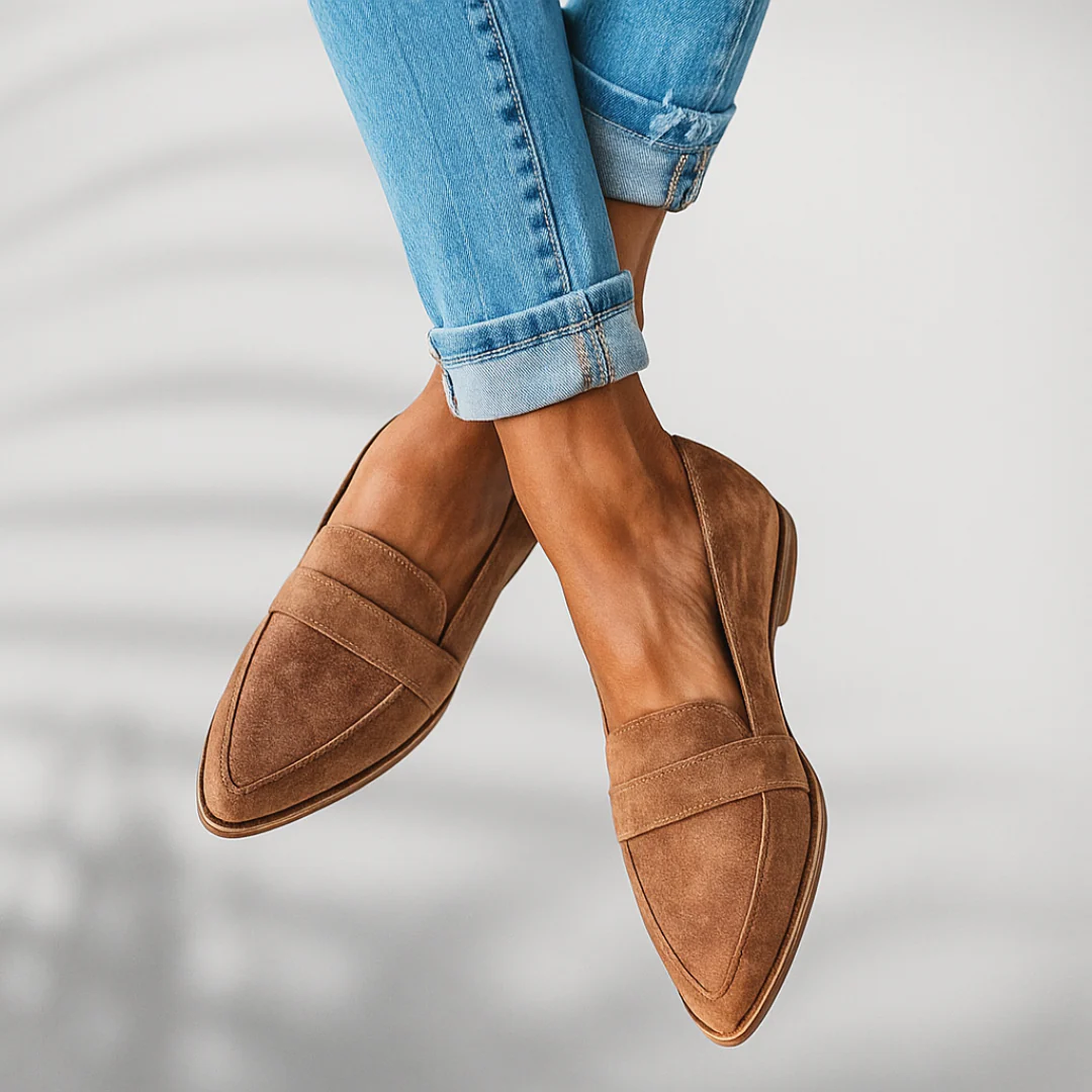 Women's pointed loafers with wide front straps and low heels