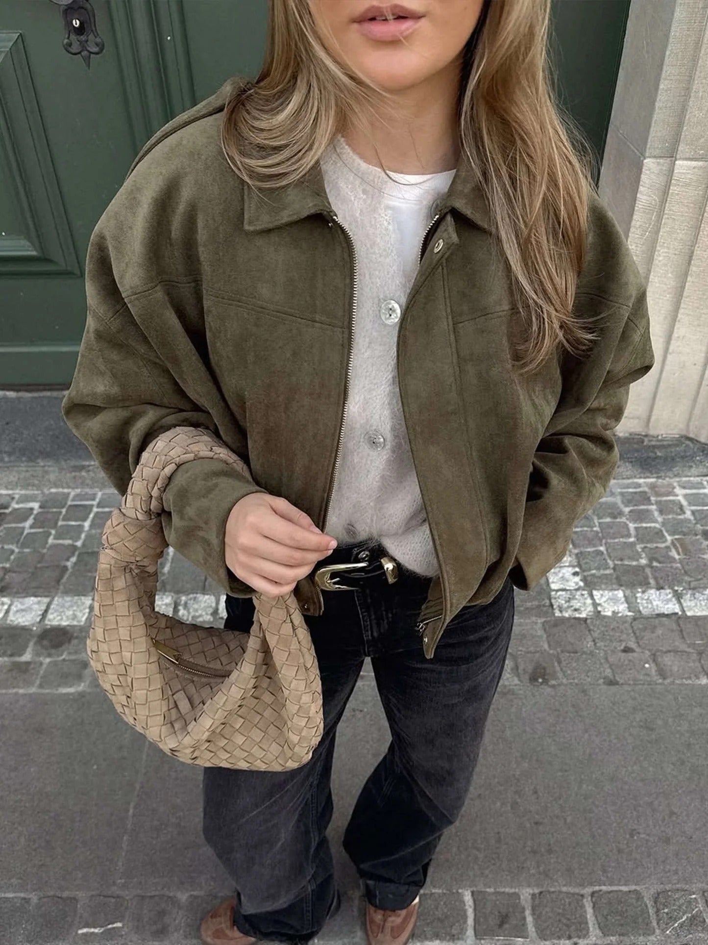 Women's Suede Jacket Oversized Spread Collar Zip - White