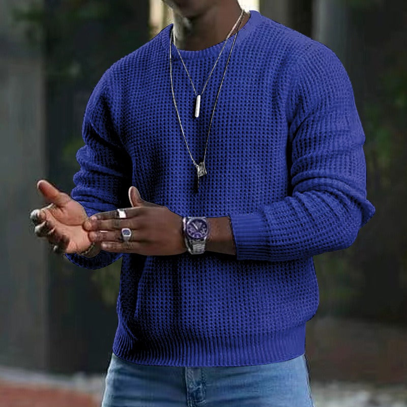 Men's long-sleeve textured crew neck jumper with ribbed trims