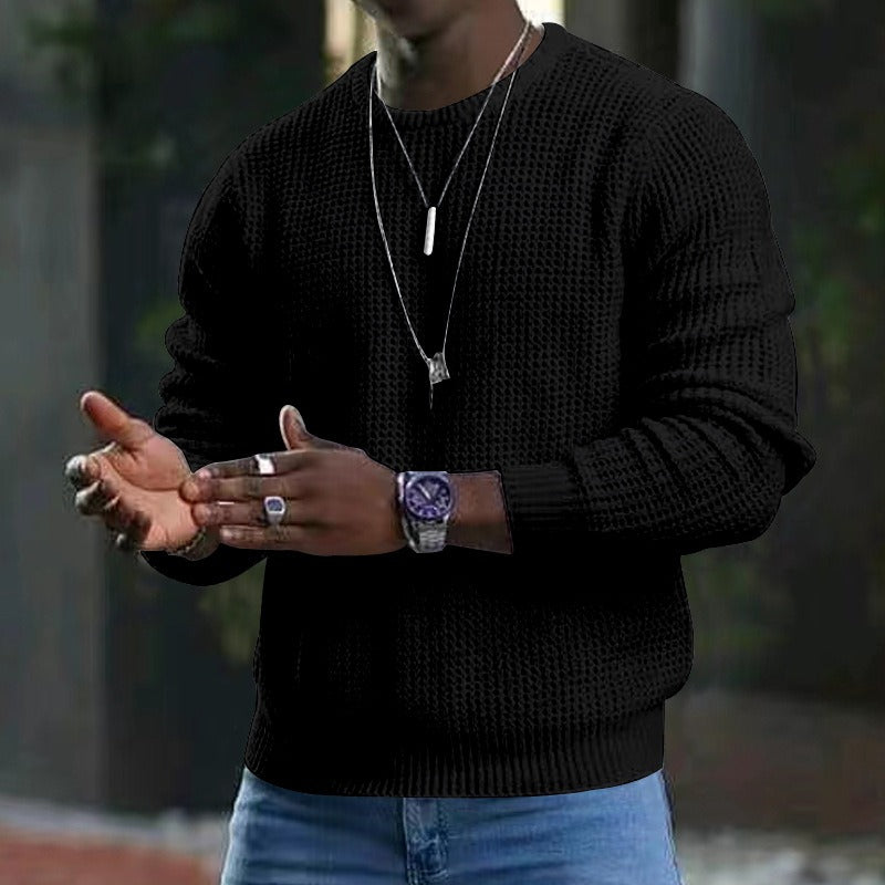 Men's long-sleeve textured crew neck jumper with ribbed trims