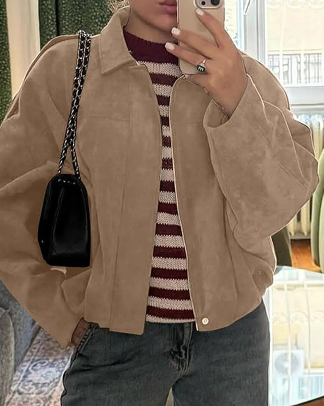 Women's Suede Jacket Oversized Spread Collar Zip - White