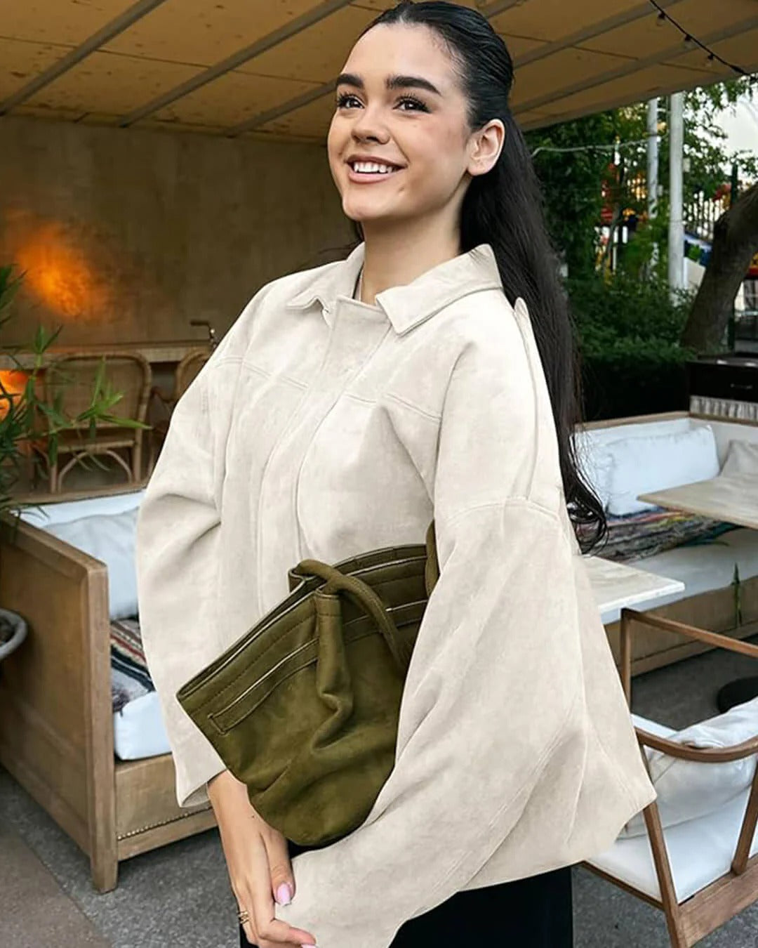 Women's Suede Jacket Oversized Spread Collar Zip - White