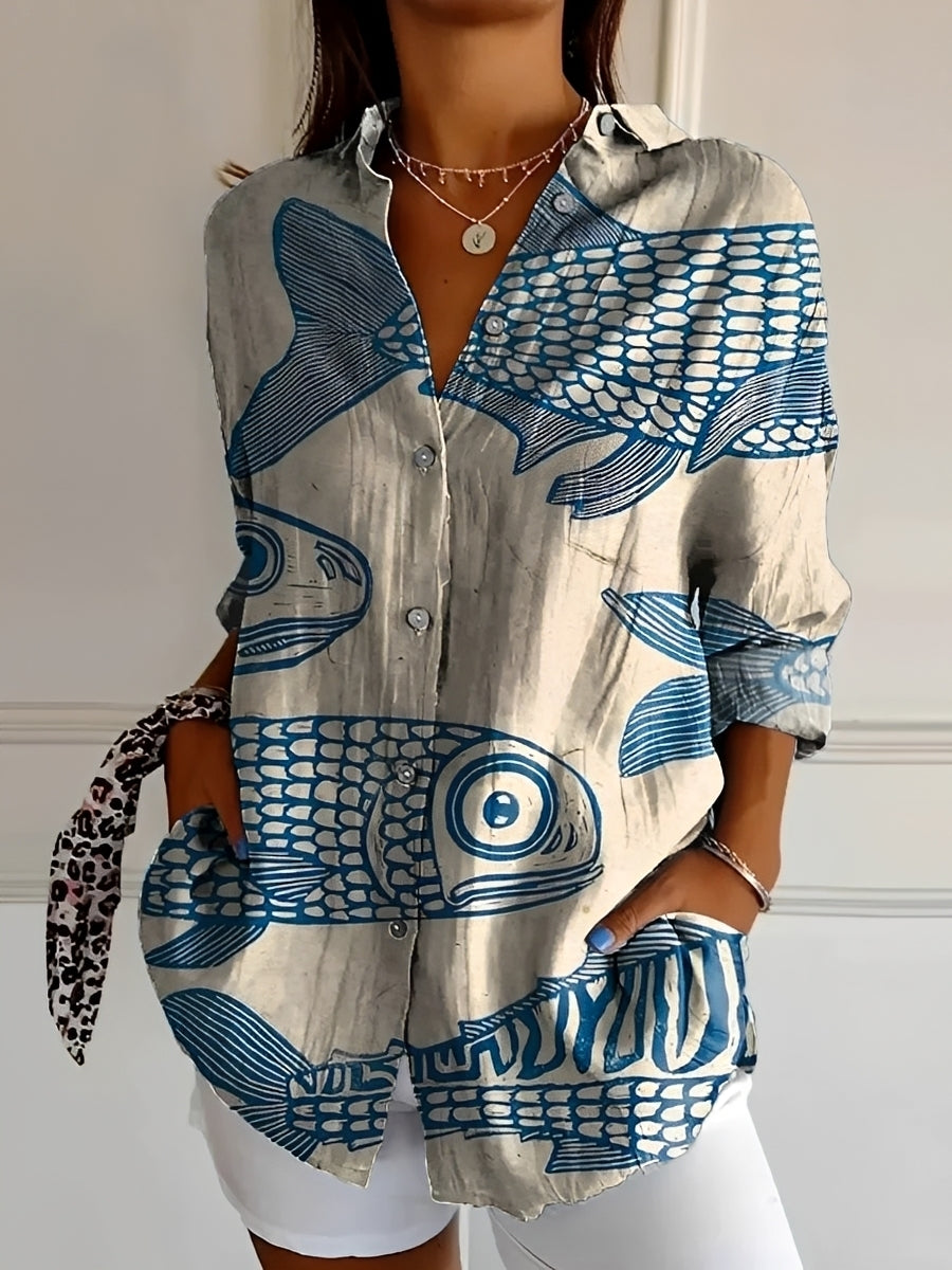 Women's long-sleeved printed button front shirt with collared neckline