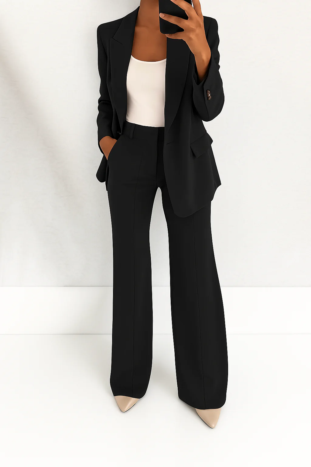 Women's two-piece suit with notched blazer and wide-leg trousers