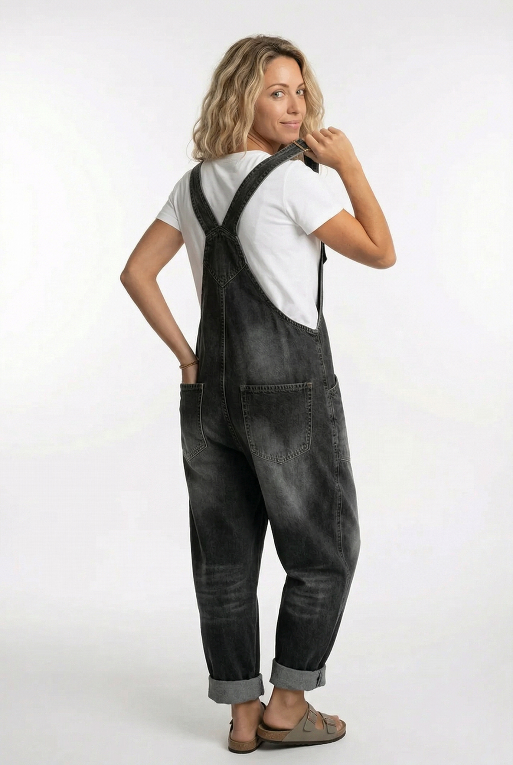 Women's Denim Dungaree Jumpsuit Wide Leg Adjustable Strap Relaxed Fit